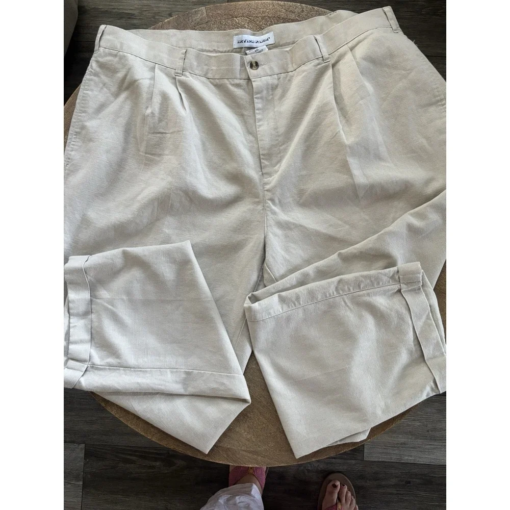 Men's 46x 32 Linen Cotton Pleated Dress Pants Beige Cuffed Irvine Park